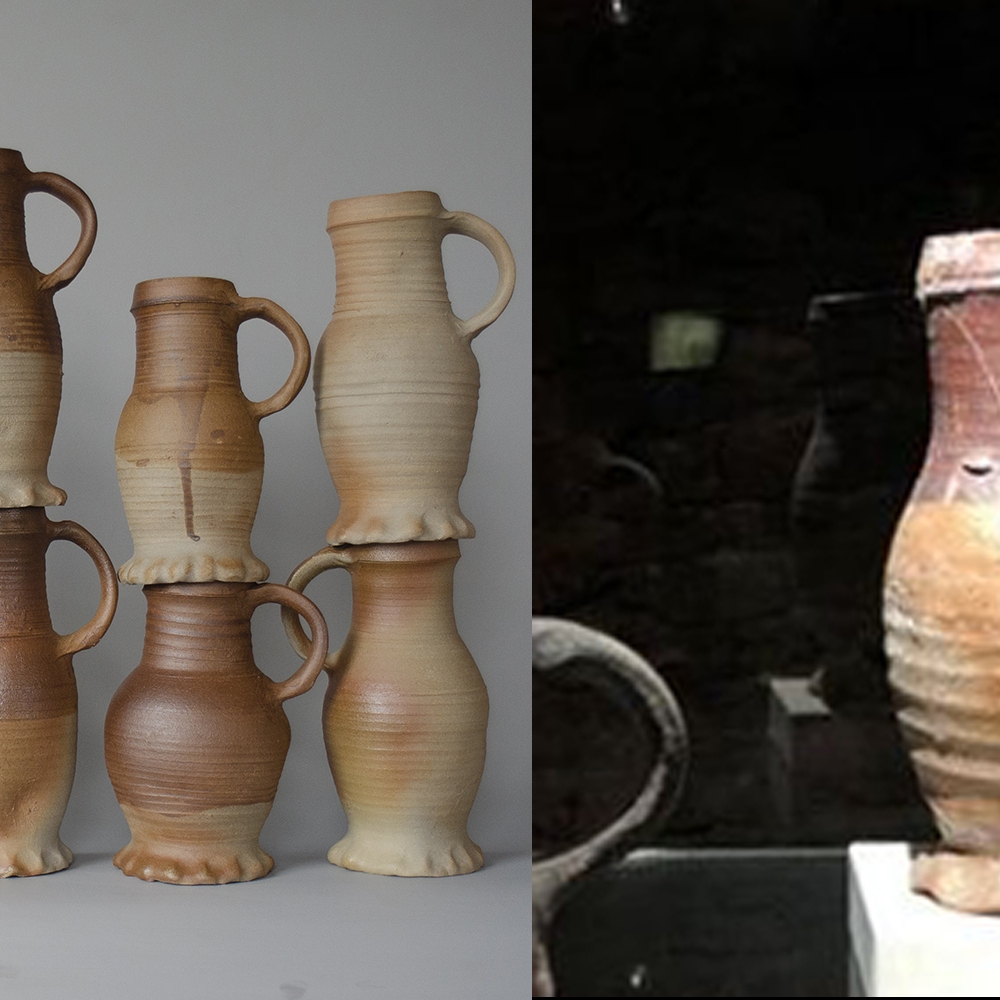 #20 Left: reconstructions of jugs / 17 -21 cm tall / 9 x in stock / €28-€32.  Right: an original 14th century jug from Vianden castle