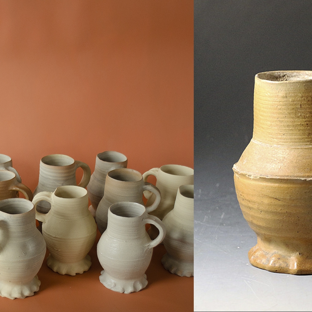 #22 Left: reconstructions of drinking jugs / ca 14 cm tall / 15 x stock / €25. Right: an original jug from the 15th century produced in Siegburg.