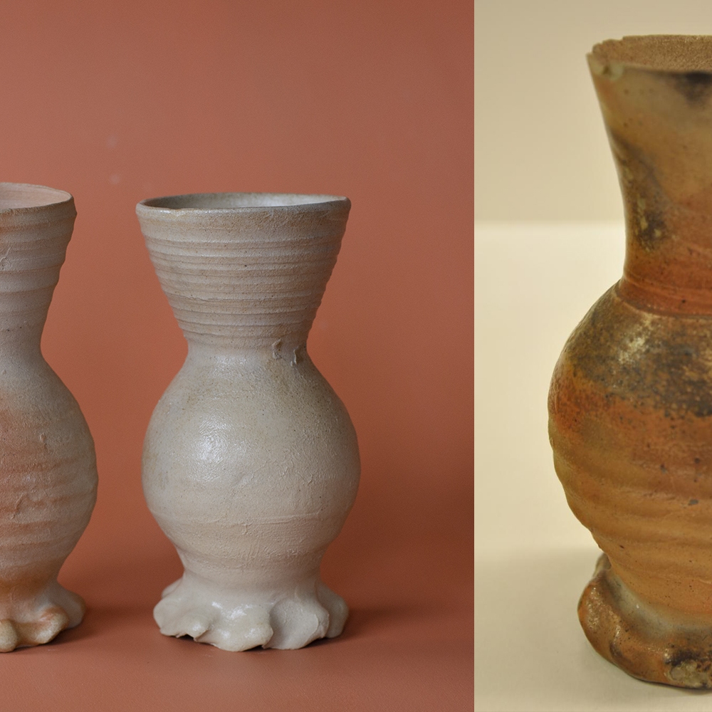 #24 Left: reconstructions of funnel beakers / 2 in stock / €20.  Right: an original dated 1300-1500 / collection Boijmans van Beuningen.