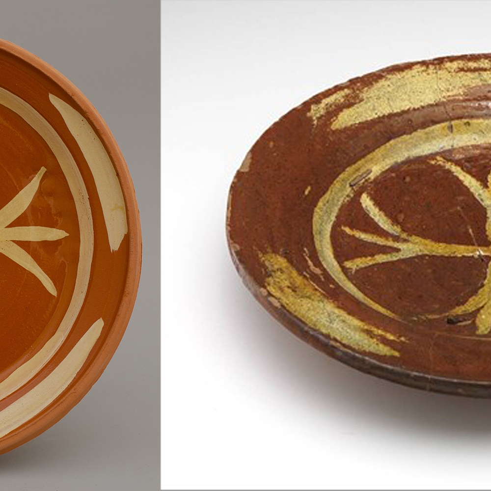 #42 Left: reconstruction of a dish / diameter 26 cm / €45. Right: original Dutch dish 1375-1450 collection Boijmans van Beuningen