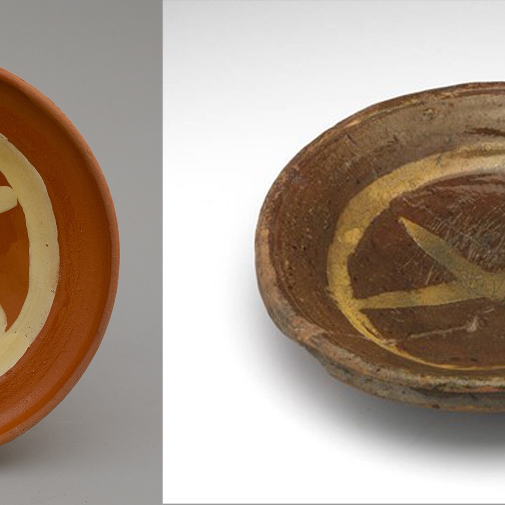 #43 Left: reconstruction of a dish / diameter 17 cm / €35. Right: original Dutch dish found in  Leiden 1400-1425 collection Boijmans van Beuningen