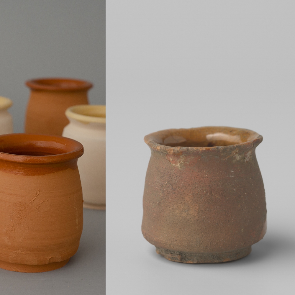 #54 Left: reconstructions of ointment jars / €5 per piece / ca 7-8 cm tall / 3 in stock. Right: original ointment jars from the Rijksmuseum, both dated 1500-1799