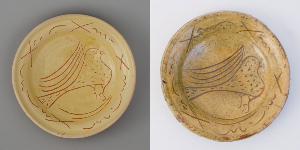 #73 left: dish with a dove, 21 cm diam, €55, right: original dish from the Boijmans van Beuningen Museum dated 1475-1525