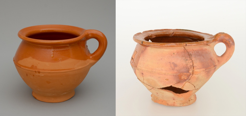 #35 Left: reconstruction of a chamber pot / 15 cm tall / € 40 / Right: an original chamber pot from 1575-1650 collection Huis van Hilde