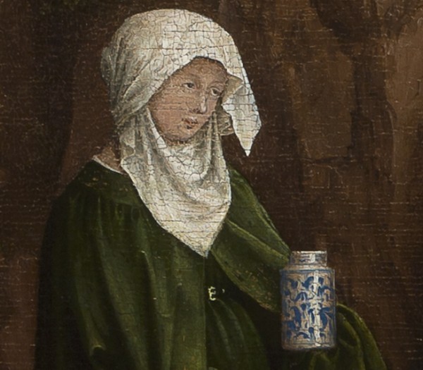 7 detail with Mary Salome from The Three Marys at the Tomb, Van Eyck, 1425-1435, Boijmans van Beuningen Museum, Rotterdam