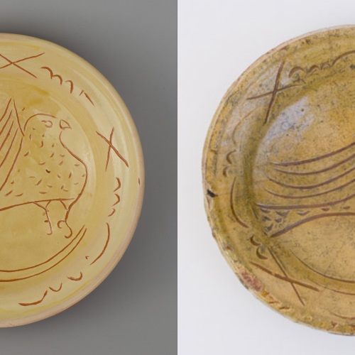 left: dish with a dove,  right: original dish from the Boijmans van Beuningen Museum dated 1475-1525