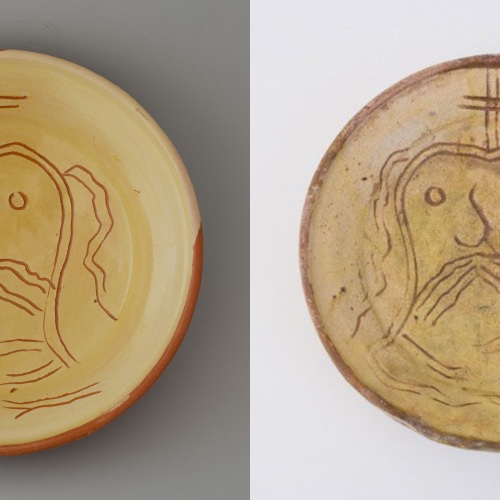 #45 Left: reconstruction of a dish / diameter 24 cm / € 60. Right: original Dutch dish from Edam or Monnickendam 1475-1500 collection Boijmans van Beuningen