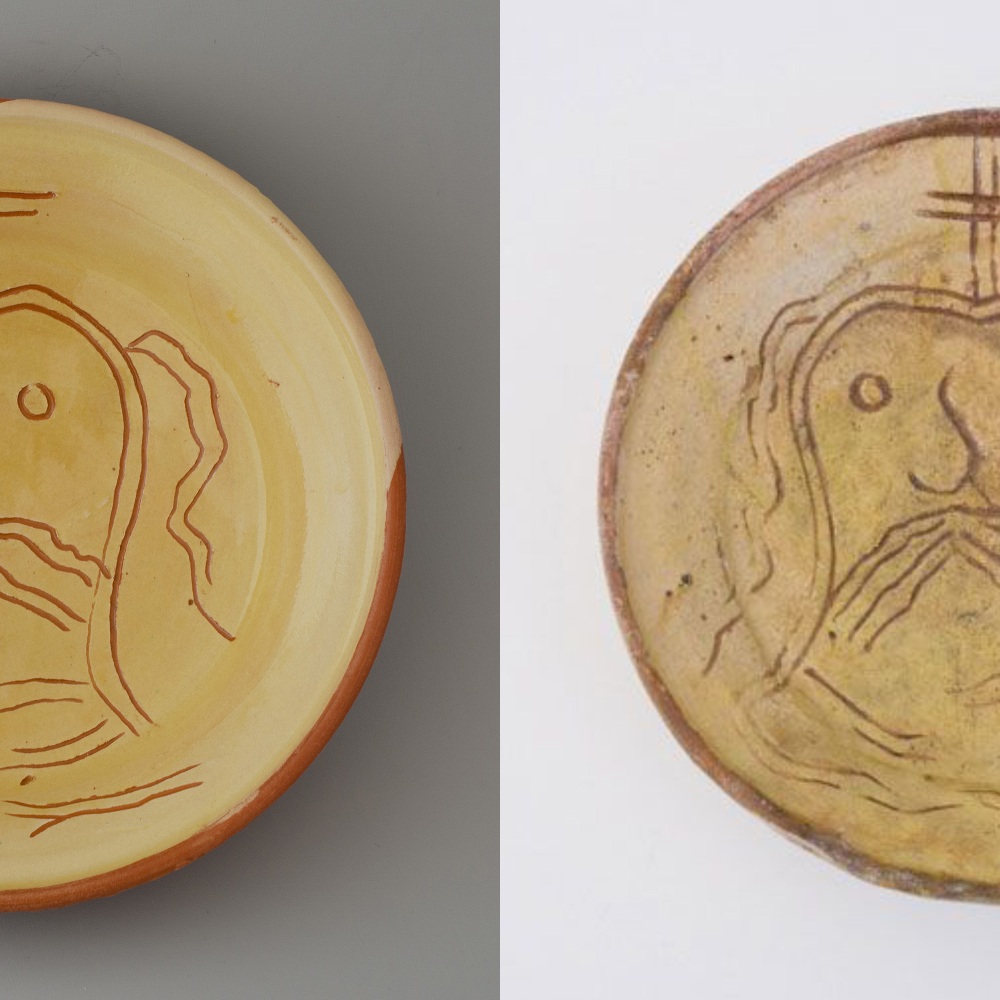 #45 Left: reconstruction of a dish / diameter 24 cm. Right: original Dutch dish from Edam or Monnickendam 1475-1500 collection Boijmans van Beuningen