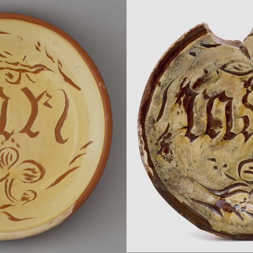 #48 Left: reconstruction of a dish / diameter 25,5 cm. Right: original dish from Rotterdam - 1472-1525 copyright Archeologisch Depot Rotterdam