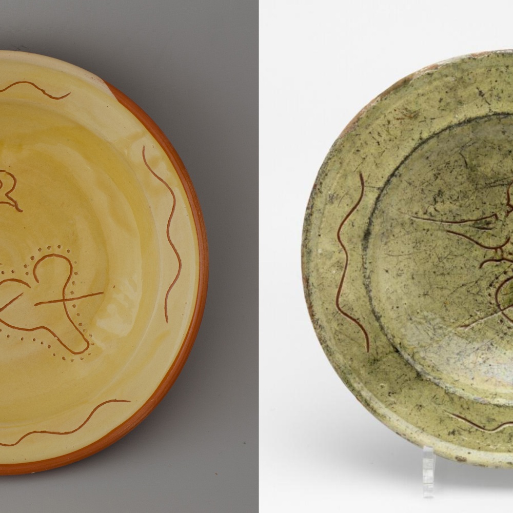 #49 Left: reconstruction of a dish / diameter 25,5 cm. Right: original dish from Reimerswaal - 1475-1550 - Boijmans van Beuningen Museum