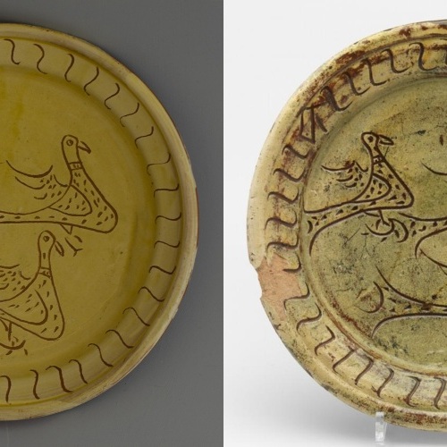 Left: a replica dish with three doves. Right: the original dating back to 1475-1525, found in Edam and part of the Boijmans van Beuningen collection