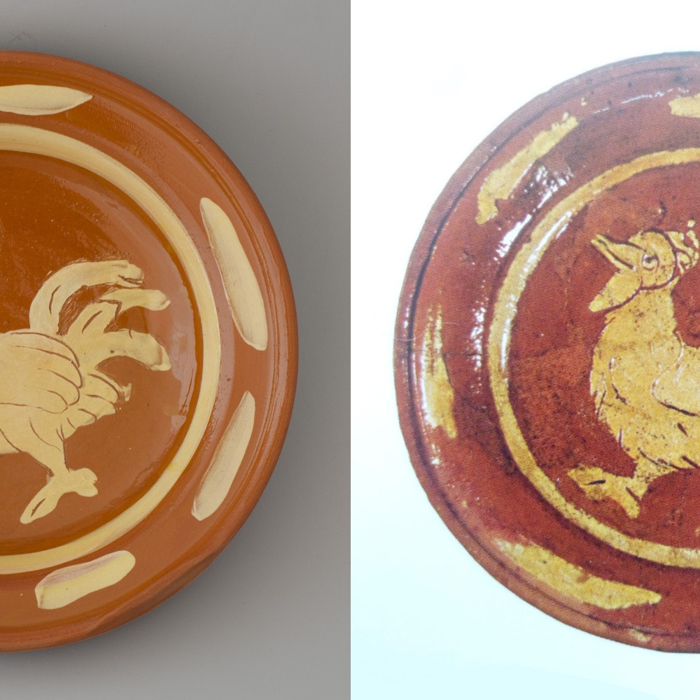 #46 Left: reconstruction of a dish / diameter 24 cm. Right: original Dutch dish 1375-1425 made in  Alphen aan den Rijn