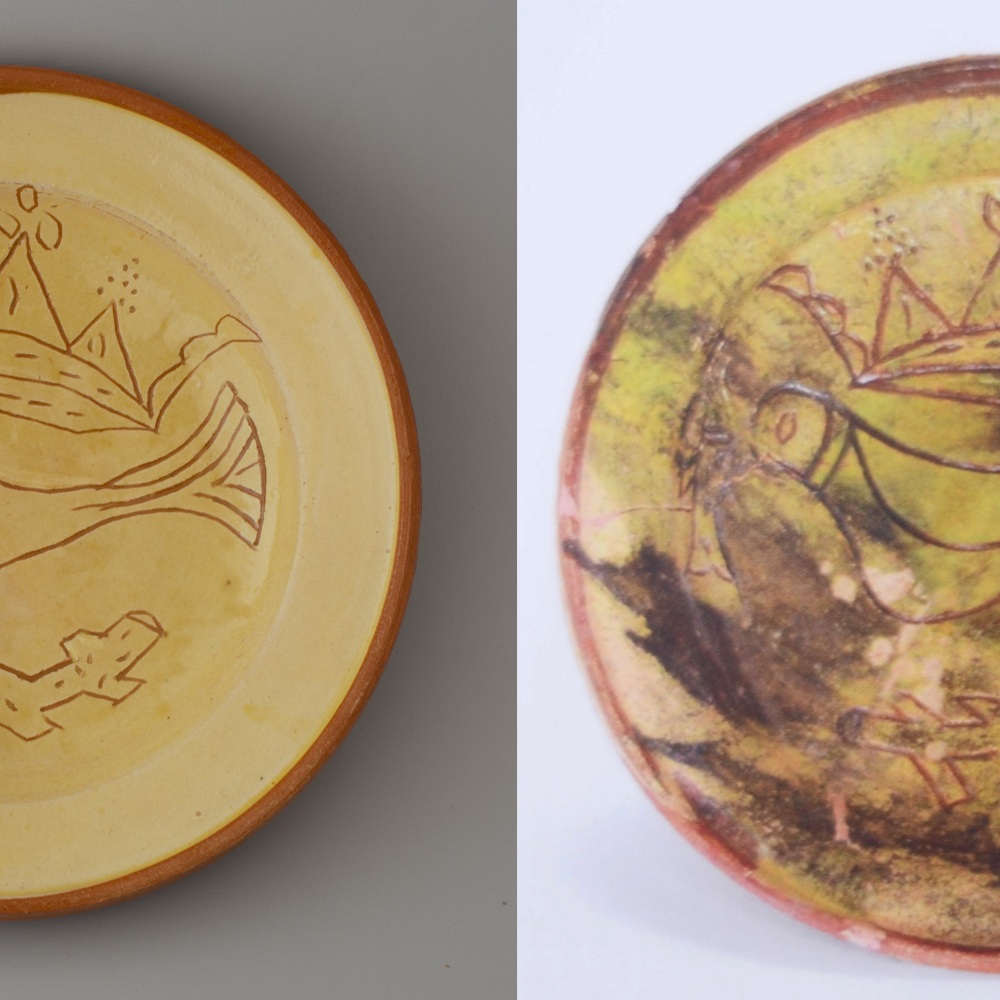 #47 Left: reconstruction of a dish / diameter 26,5 cm. Right: original dish from 1450-1500 from the collection Slot Loevestein