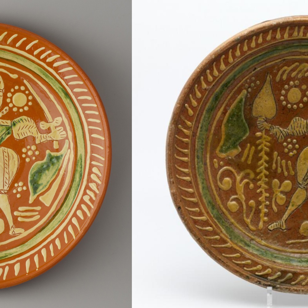 Left: replica dish / right: dish dated 1580-1600 from the Boijmans van Beuningen collection.