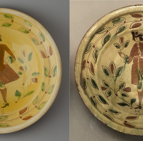 Left: replica dish / right: dish from the Niederrhein region made in 1745