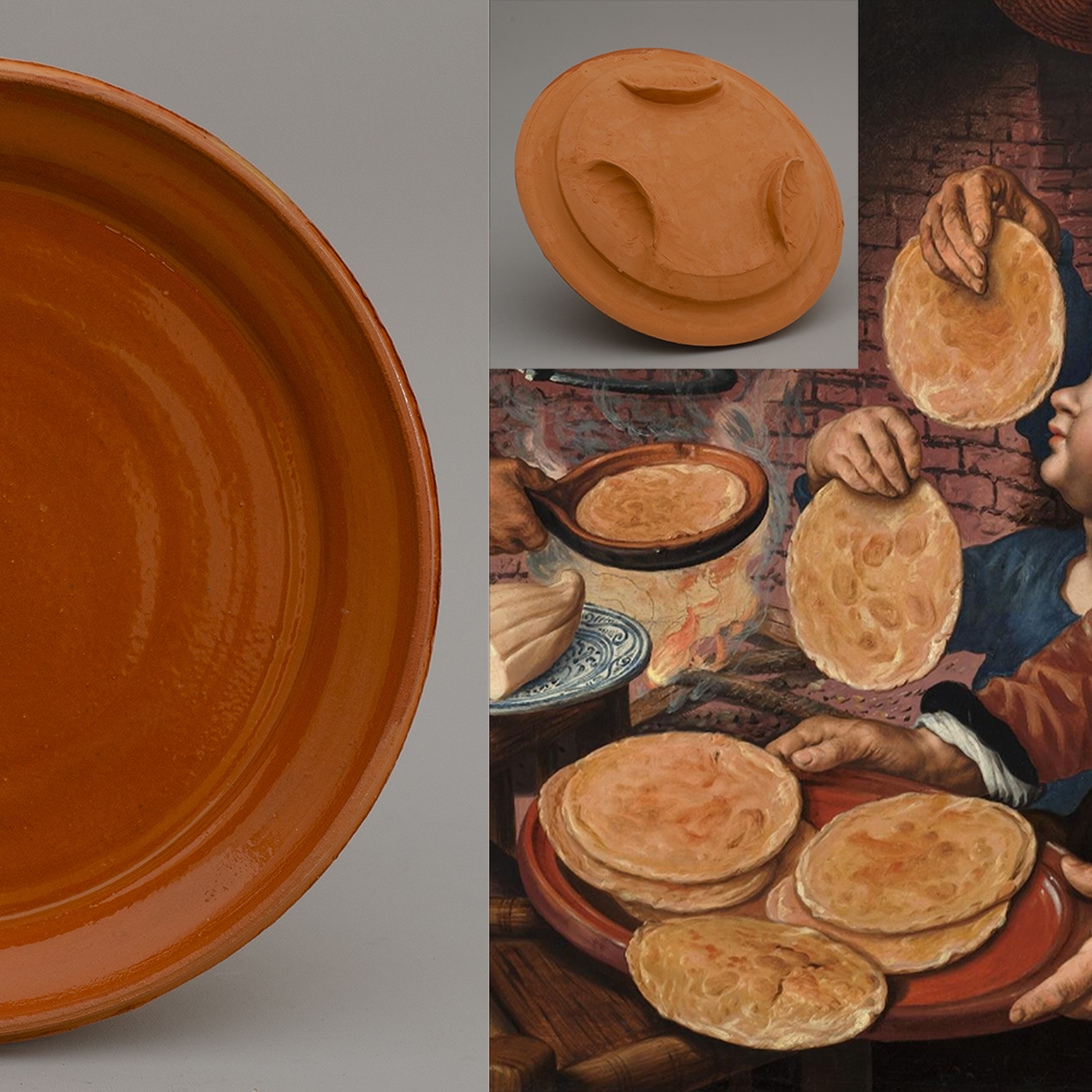 Left: reconstruction of a 16th century dish / diameter 25 cm / €35. Right: A detail  from a painting by Pieter Aertsen / 1560 / collection Boijmans van Beuningen