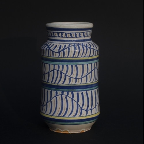 left: replica albarello. Right: third-quarter-15th-century albarello from Montelupo