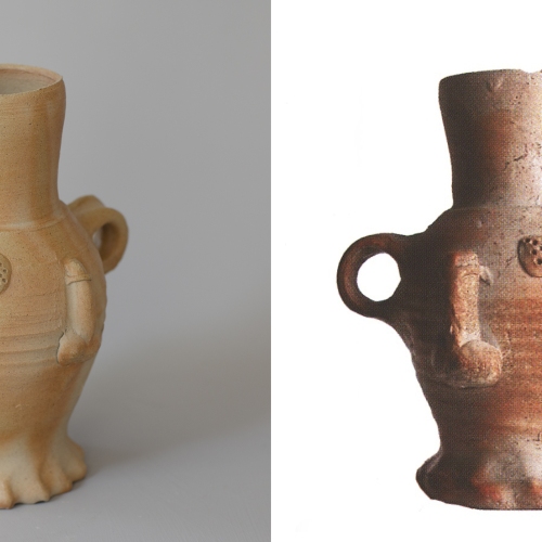 Left: a reconstruction of a phallic beaker. Right: the original made in Siegburg 1350-1400 / Stadsmuseum Siegburg.
