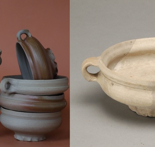 Left: replica bowls / right: an original bowl made in Siegburg, found in Kalmar 1350-1400