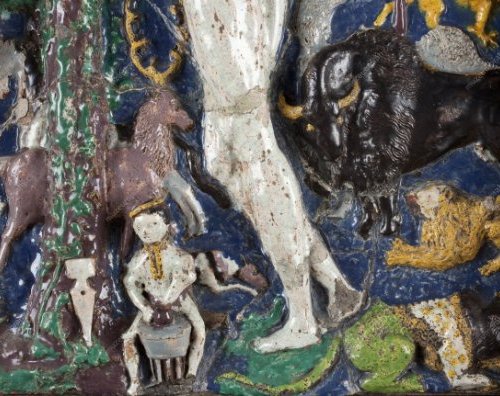 image 17 detail from a glazed ceramic relief that belonged to the potter's guild in Prague, 1520, City of Prague Museum, inventory H034262