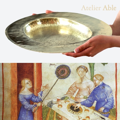 reconstruction of a brass dish after folio 65v from the Tacuinum Sanitatis in the national library in Paris (1390-1400 Milan)