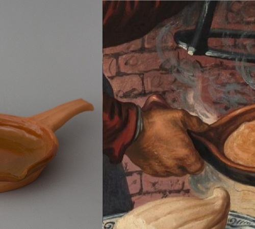 Left: reconstruction of a late medieval or early modern frying pan / right: a frying pan in action in "De pannenkoekenbakkerij" a painting by Pieter Aertsen 1560 collection Boijmans van Beuningen