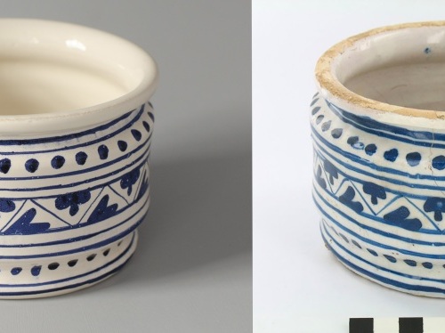 Left: a replica of an albarello / right: the original from the first half of the 17th century collection Limburgs museum