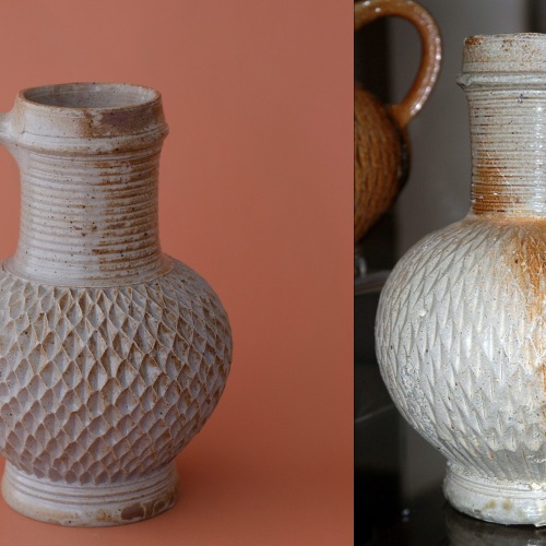 left: chip carved jug,  / right: original late 16th century jug from the Töpfereimuseum Raeren
