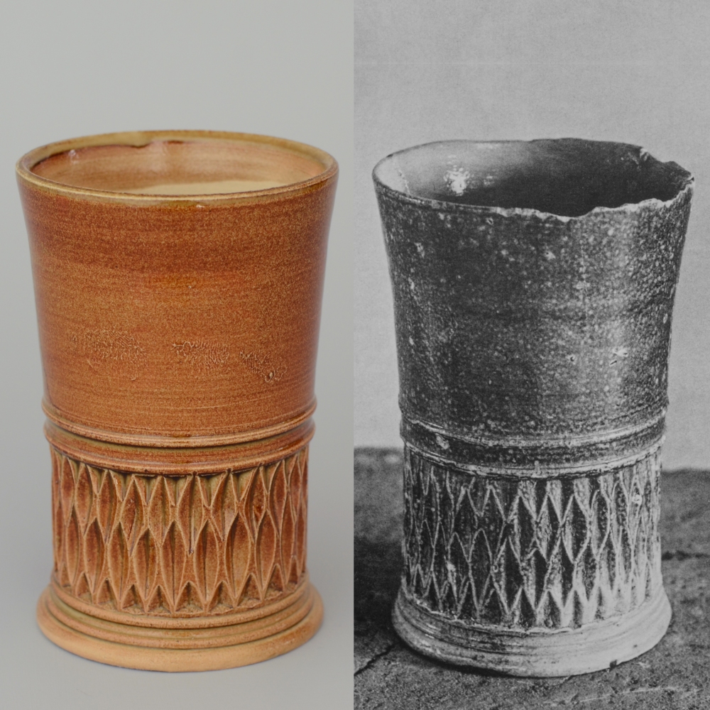 Left: reconstruction of a beaker. Right: original from Töpfereimuseum Raeren 1560-70.