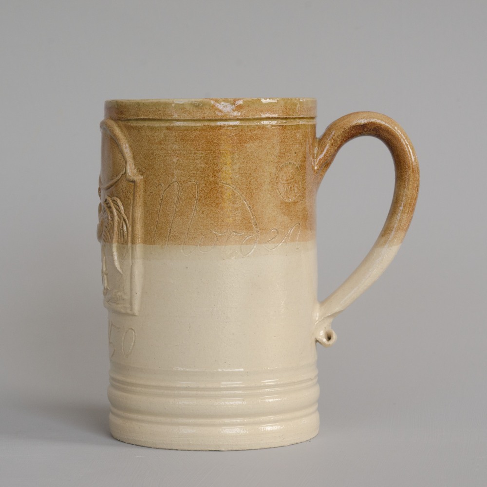 reconstruction of a tavern mug from the Chipstone foundation collection, made in Fulham  and inscribed Jacob Morden 1750