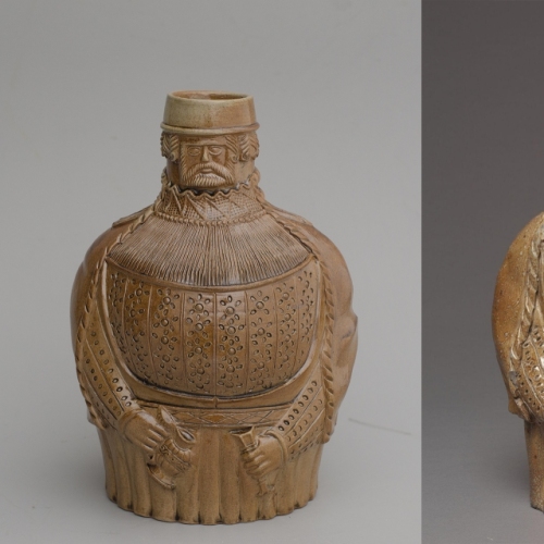 replica of a Bartmann jug from 1525-1550  and the original from the Victoria and Albert museum