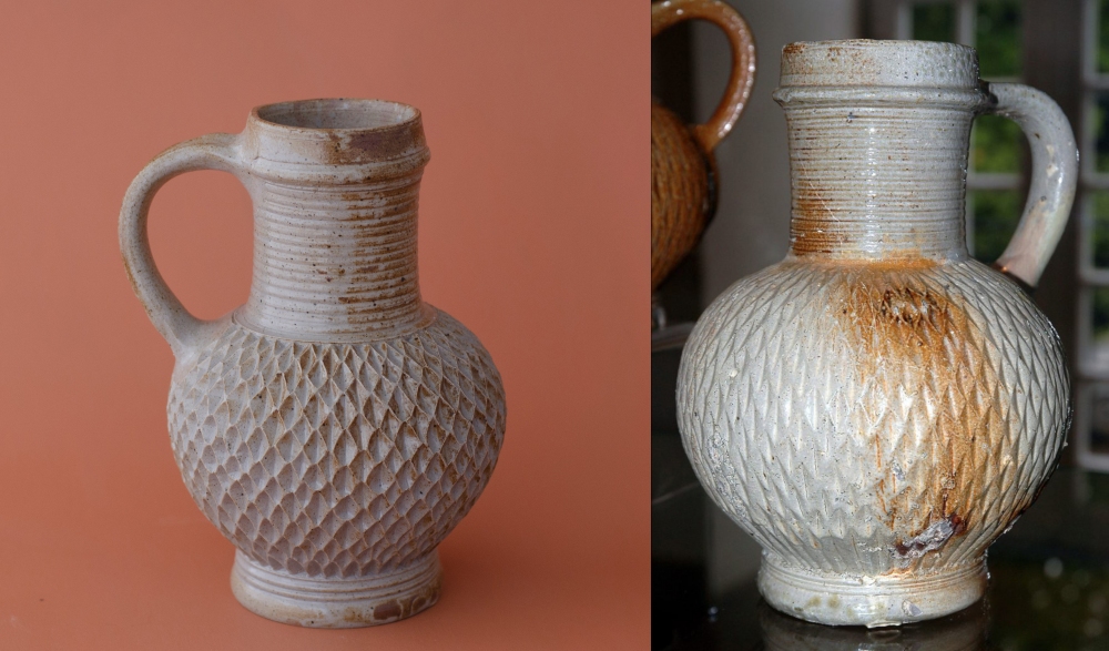 #69 left: chip carved jug, 21 cm tall, €90 / right: original late 16th century jug from the Töpfereimuseum Raeren