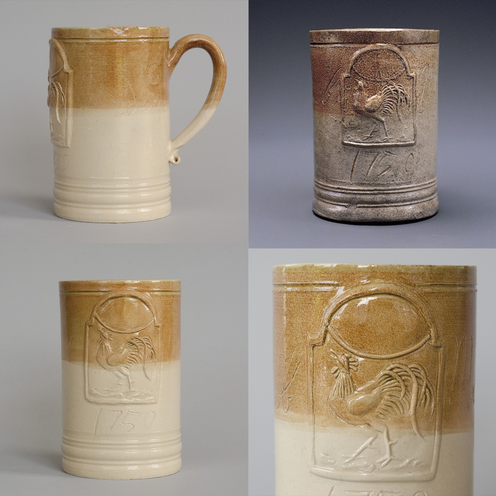 #39 top left, bottom left and right: a reconstruction of an 18th century tavern mug inscribed Jacob Morden 1750 / 13 cm tall / €45 / Top right: original mug from Fulham 1750