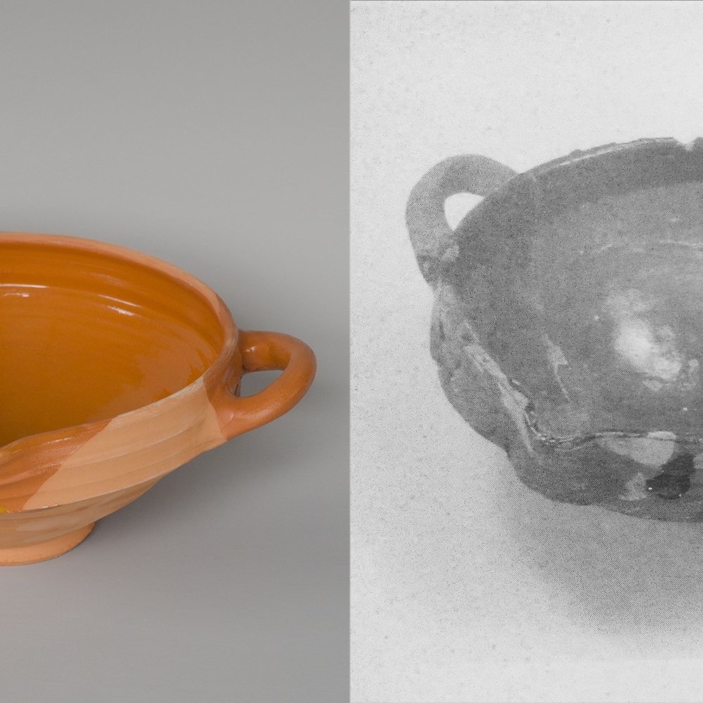 #16 Left: reconstruction of a bowl suitable for the 15th and 16th centuries / diameter 23 cm / 2 in stock (one without a pouring spout) / €40. Right: original found in Veere / 1425-1475
