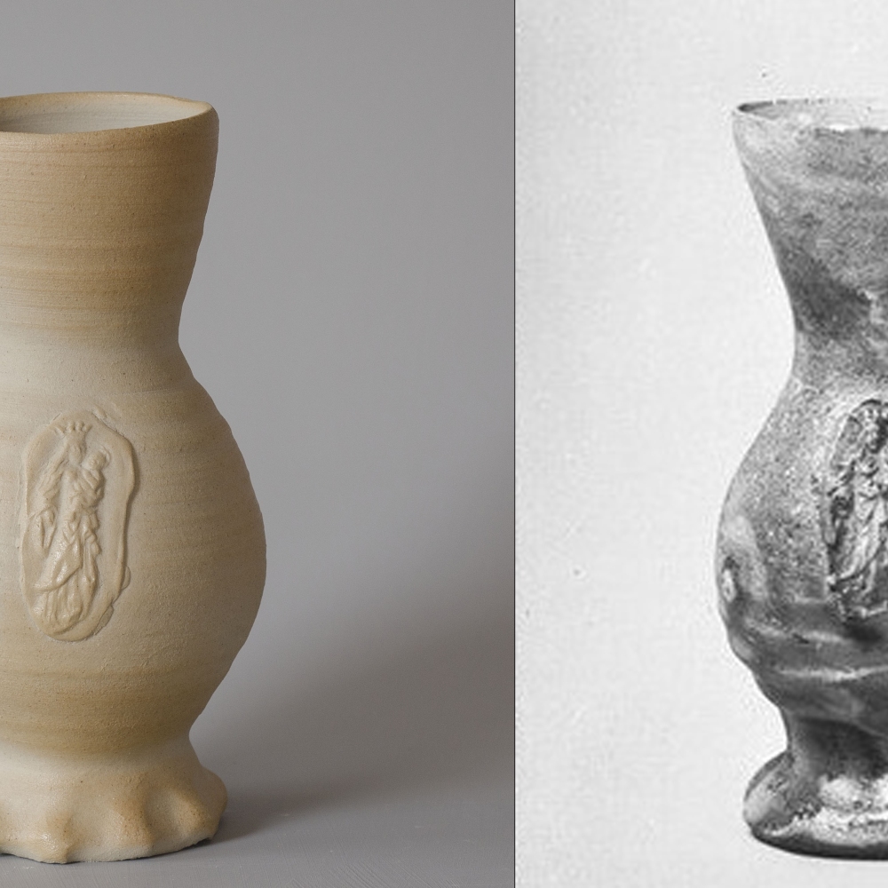 #18 Left: replica of a cup with appliques of St Mary / 14 cm tall / €35. Right: a cup produced in Siegburg circa 1400 Kunstgewerbemuseum Köln