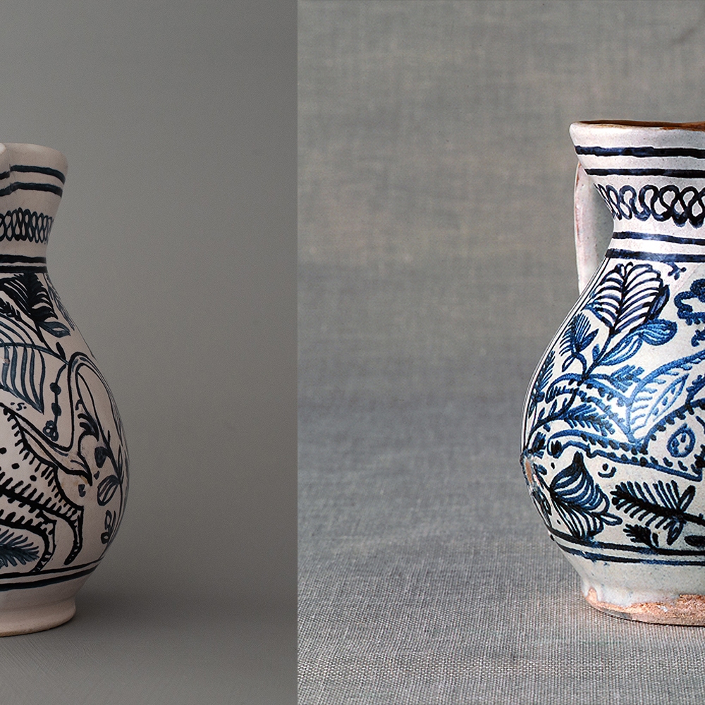 #5 Left: reconstruction of a pitcher with a feline / 15 cm / €100. Right: pitcher from the Museo della Ceramica e della Tuscia in Viterbo / 1450-1499