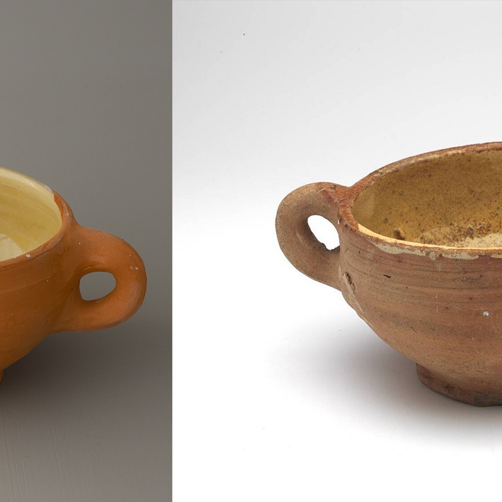 #1 Left: reconstruction of a 15th century bowl / diameter 13 cm / 3 x in stock / €20. Right: original bowl 1450-1500 from collection Boijmans van Beuningen