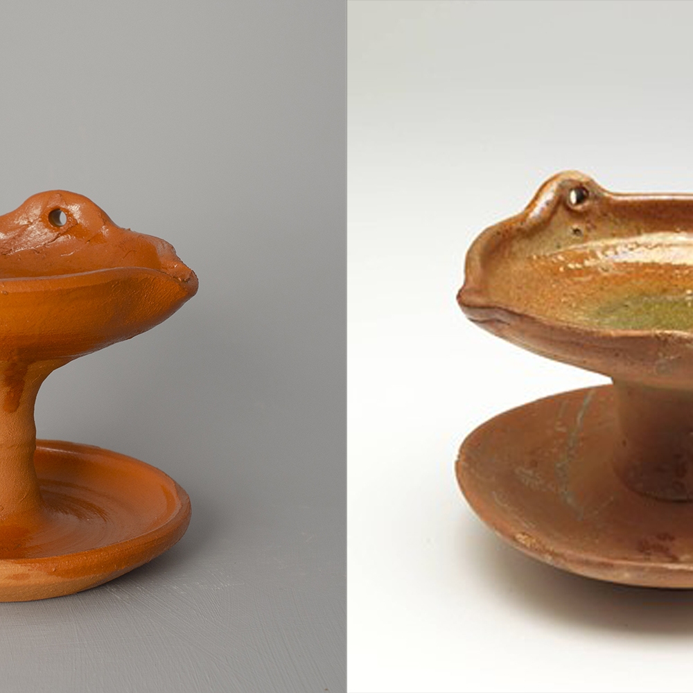 #11 Left: reconstruction of a late medieval oil lamp / ca 8 cm tall / 2 items in stock / €15. Right: original oil lamp / ca 1400 /  collection Boijmans van Beuningen.