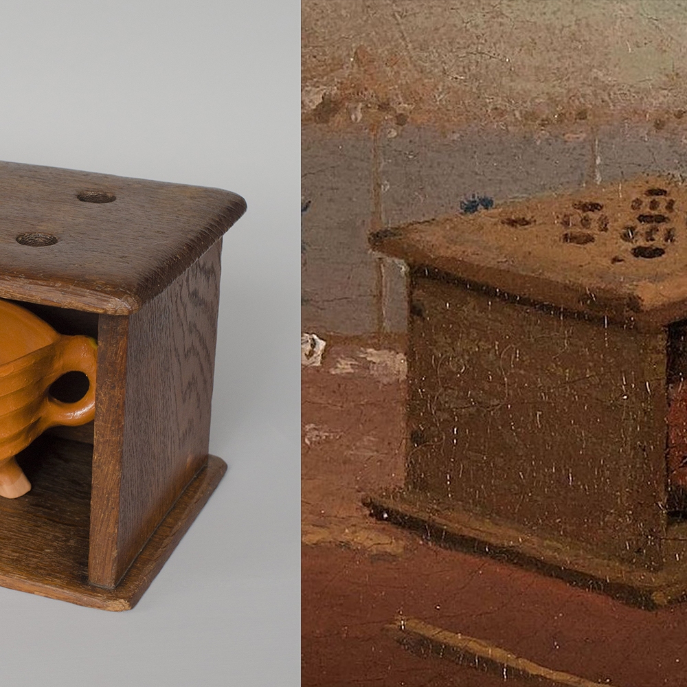 #34 Left: reconstruction of a 17th century brazier / 15 cm tall / €25. (wooden stove NOT included). Right: a brazier and stove on The Milkmaid by Johannes Vermeer 1660 from the  Rijksmuseum collection