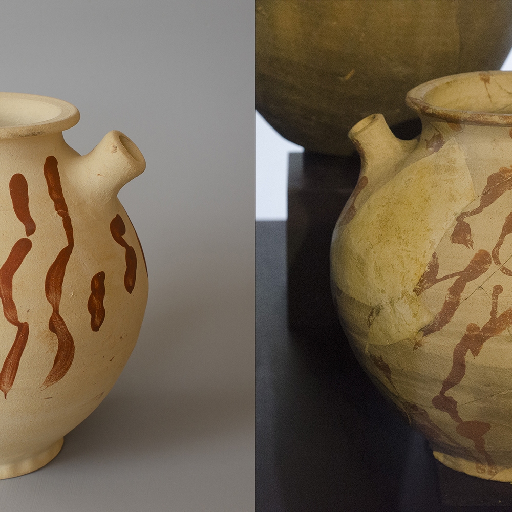 #10 Left: reconstruction of a Pingsdorf  pot with spout / 21 cm tall / €60. Right: original pot from Museum de Waag in Deventer, 1150-1200