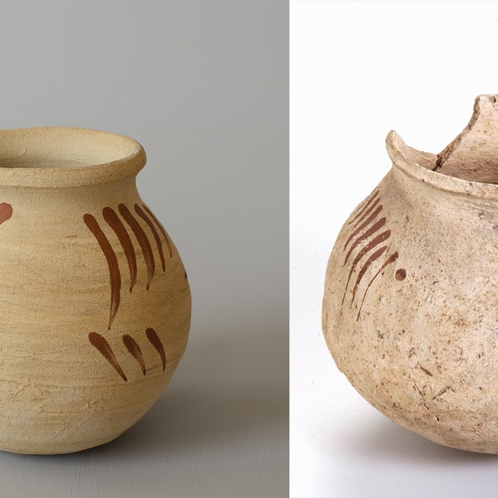 #9 Left: reconstruction of a small Pingsdorf pot / 10 cm tall / €15. Right: original from the Rijksmuseum van Oudheden in Leiden, 900-1200