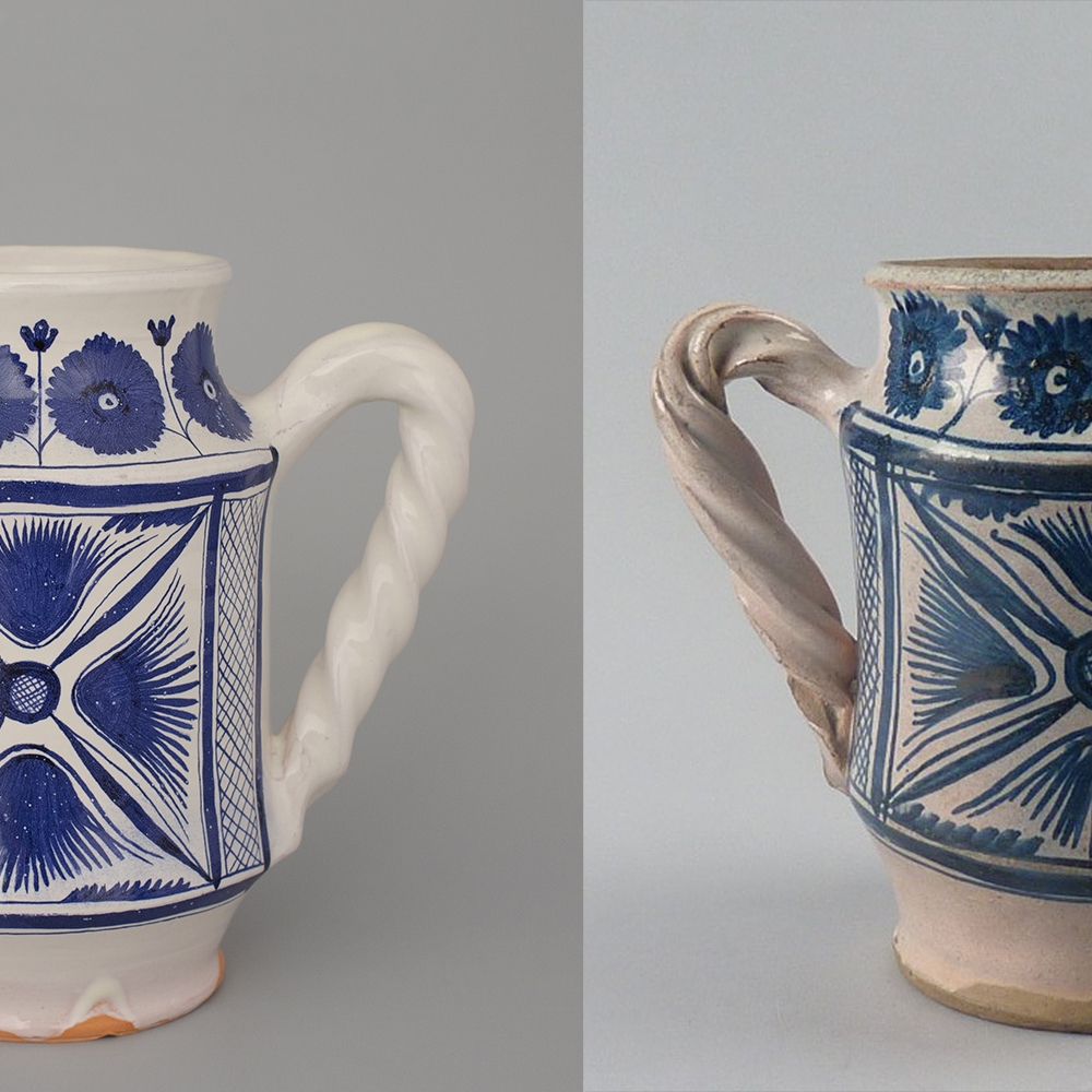 #4 Left: reconstruction of an albarello with two handles / 19 cm / €110. Right: albarello from ca 1460-1470 made in Florence / original is at the Boijmans van Beuningen Museum