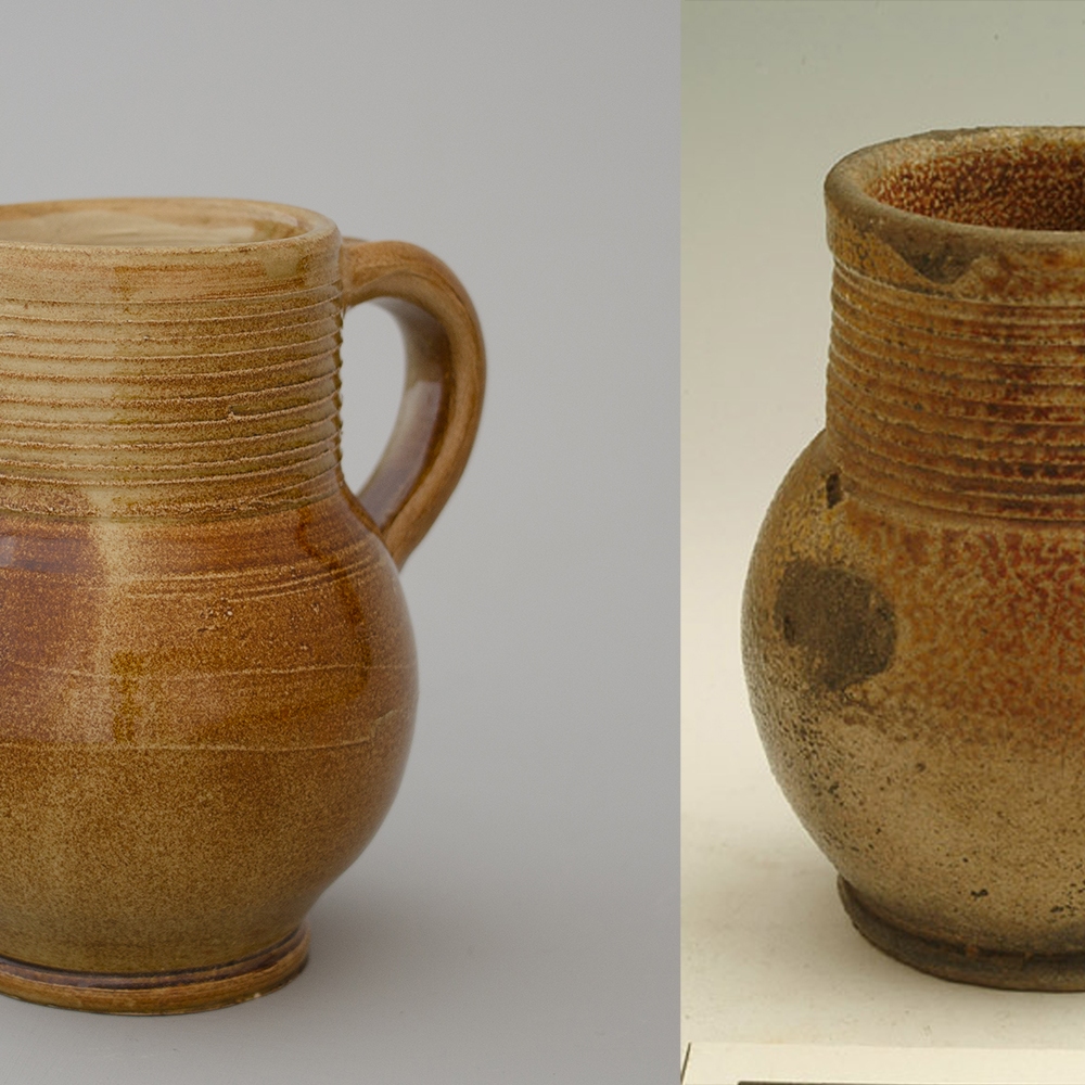 #37 Left: reconstruction of a mug from ca. 1700 / 12 cm tall / €25. Right: an original mug made in Fulham  or Hammersmith dating back to 1671-1703 collection Museum of London