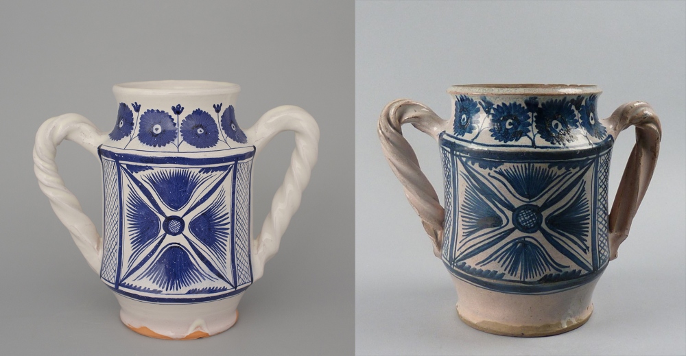 #04 Left: reconstruction of an albarello with two handles / 19 cm / €110. Right: albarello from ca 1460-1470 made in Florence / original is at the Boijmans van Beuningen Museum