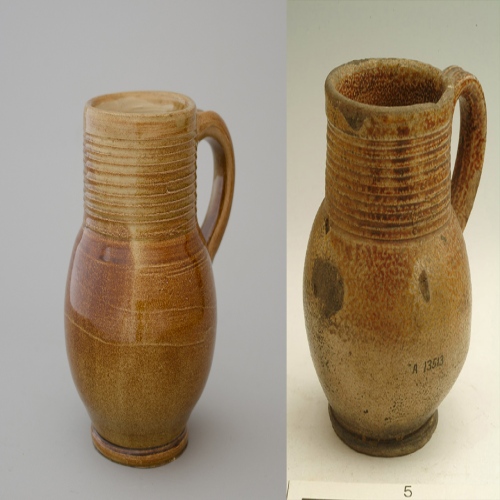 #37 Left: reconstruction of a mug from ca. 1700 / 12 cm tall / €25. Right: an original mug made in Fulham  or Hammersmith dating back to 1671-1703 collection Museum of London